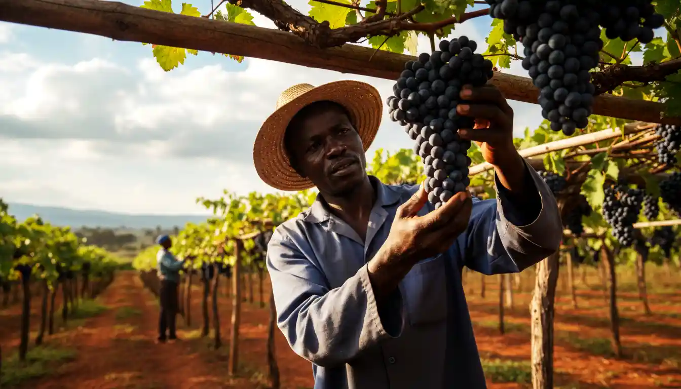A close-up shot of a Kenyan farmer inspecting a heavy bunch of deep purple grapes on a trellis system