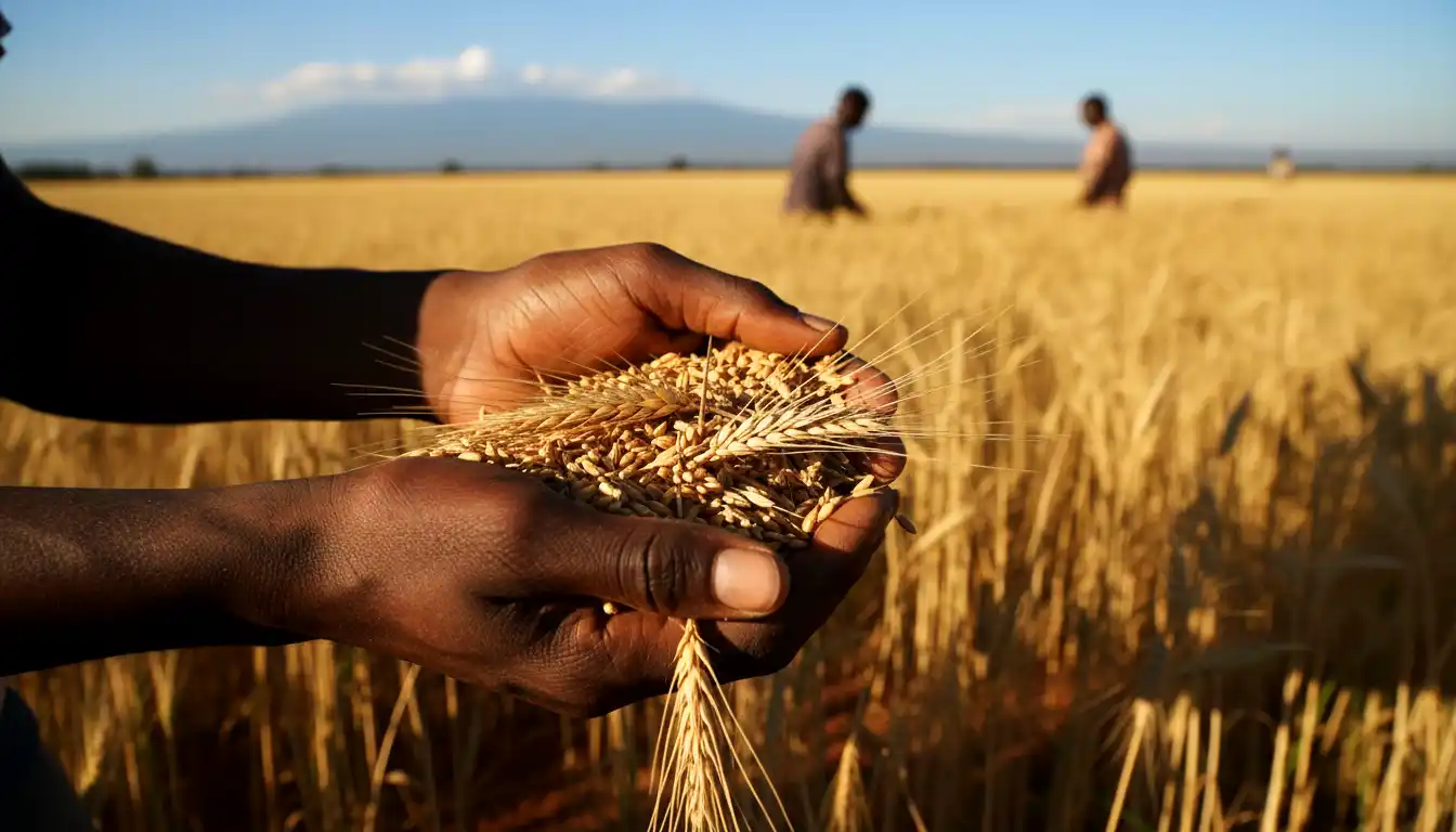 A close-up shot of a Kenyan farmer's hands holding golden