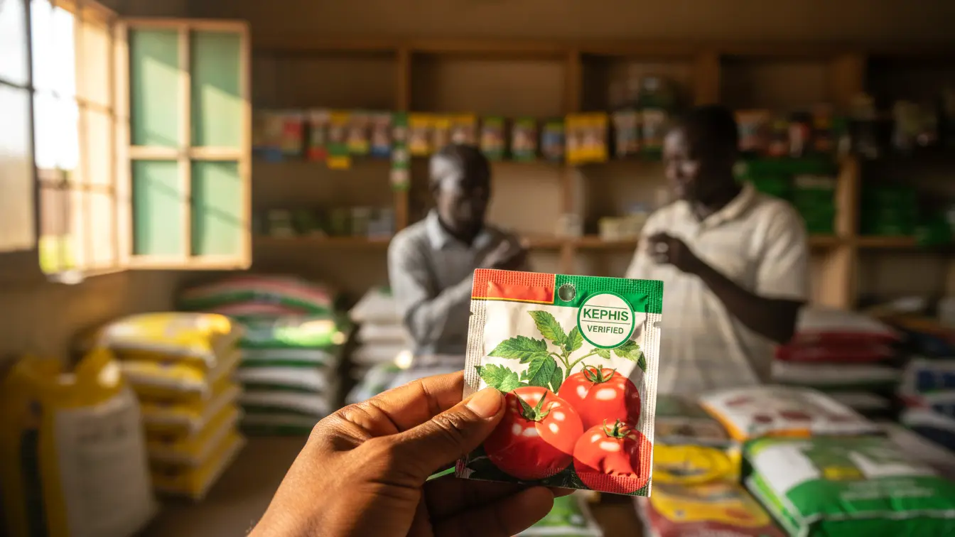 A close-up hand holding a certified tomato seed packet with a KEPHIS verification sticker