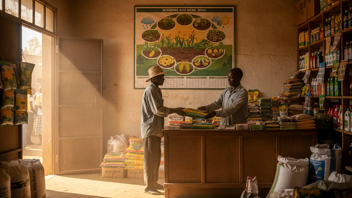 A calendar graphic on a wall inside an agrovet shop showing planting seasons
