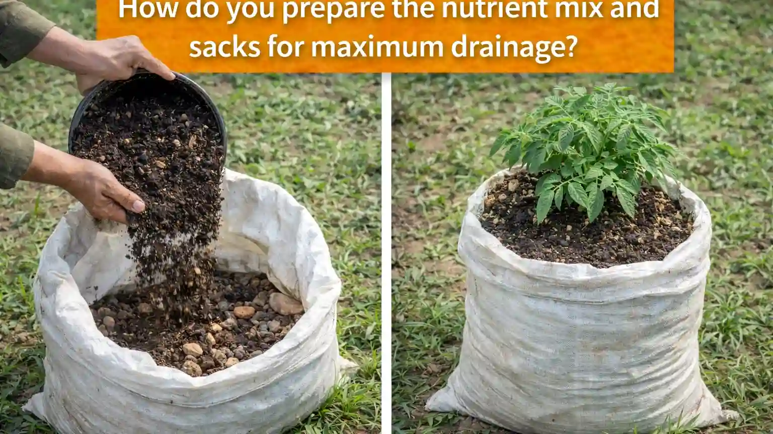 A split-screen visual demonstrating the preparation stages for 'sack farming' 