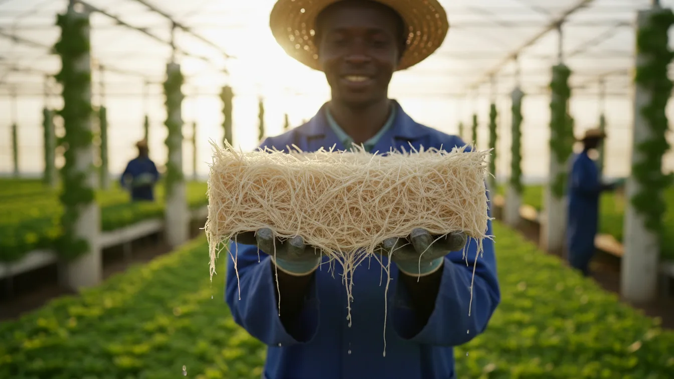 A close-up cross-section of a dense white root mat of barley fodder held by a farmer