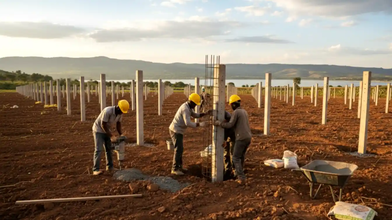 Construction workers installing reinforced concrete pillars in a grid pattern on a prepared farm in Naivasha