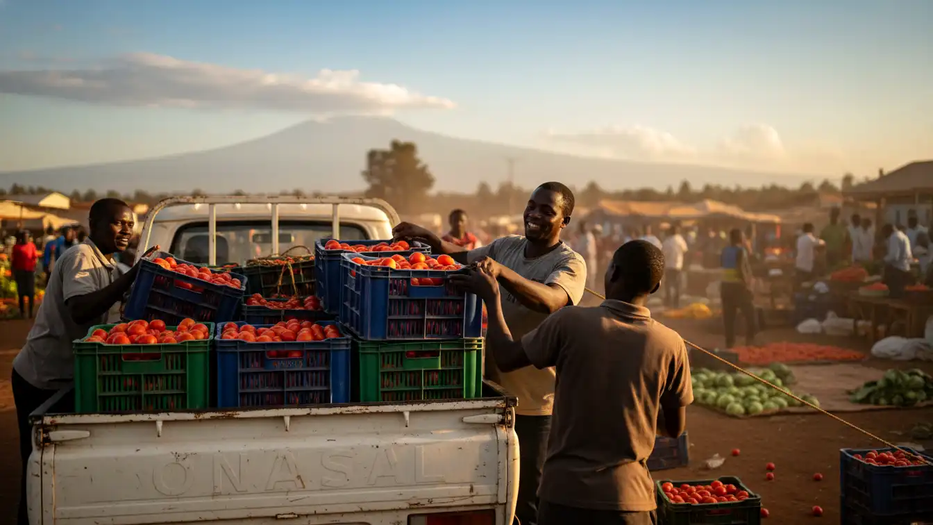 Plastic crates filled with red tomatoes being loaded onto a pickup truck