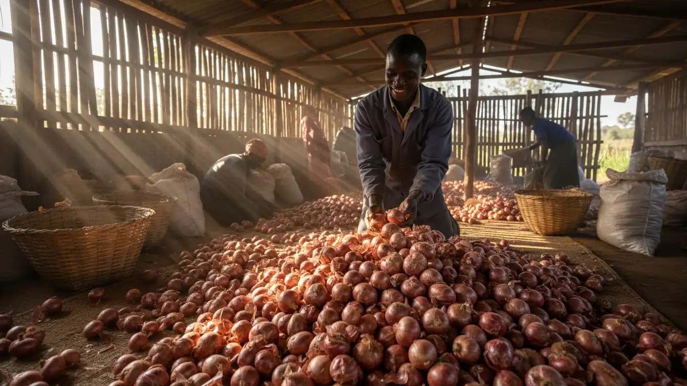 A farmer inspecting a bountiful harvest of deep red onions piled in a curing shed in Nyeri