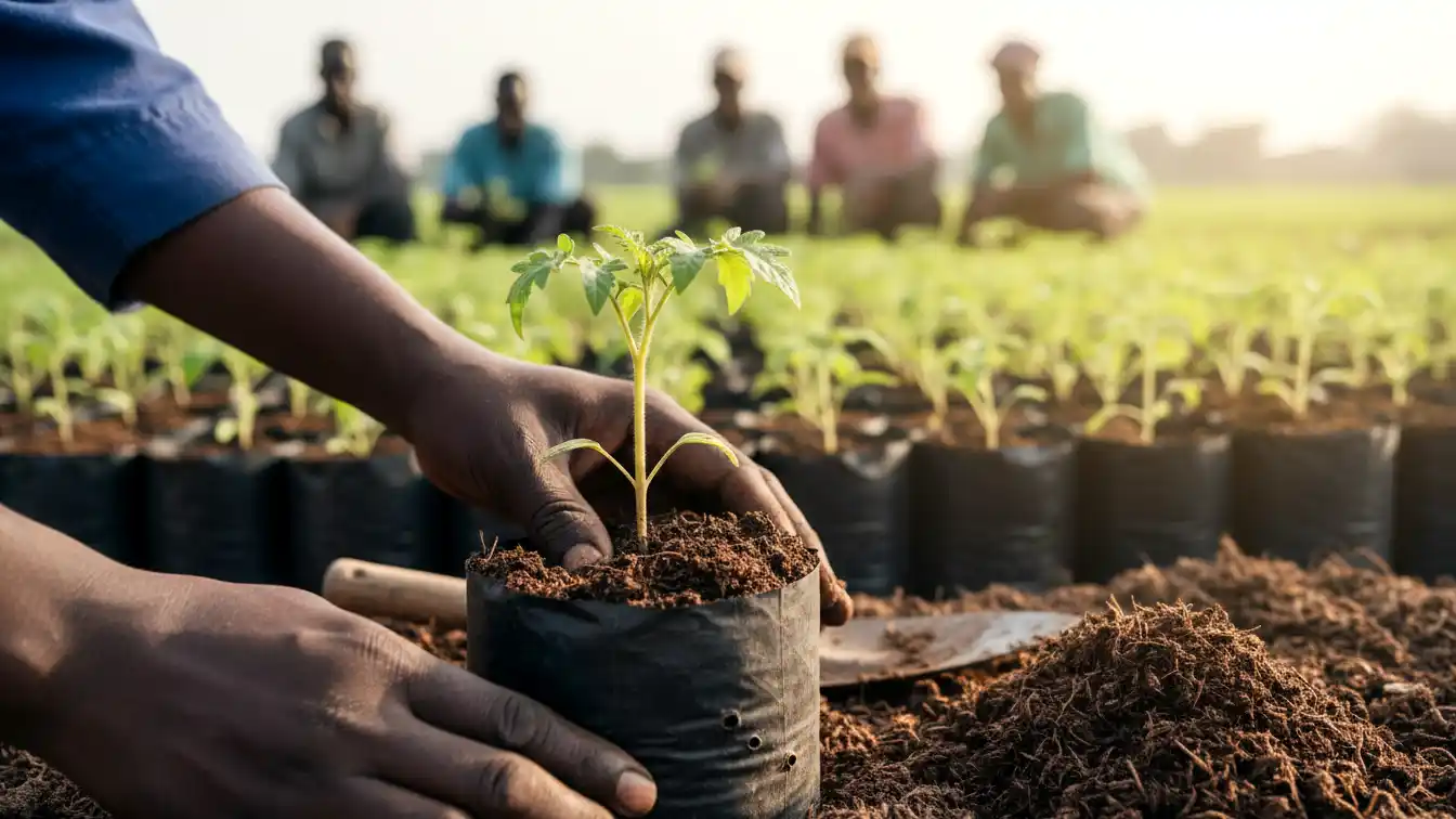 A close-up of a young tomato seedling being planted deep into the soil mix within a plastic container