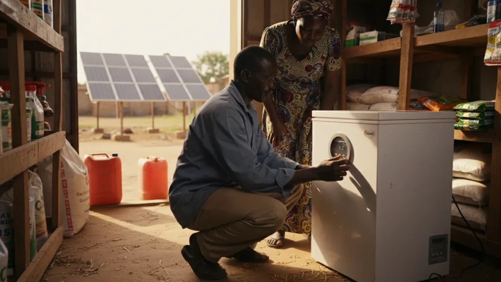 A farmer inspecting a solar-powered vaccine refrigerator at a Sidai Agrovet shop