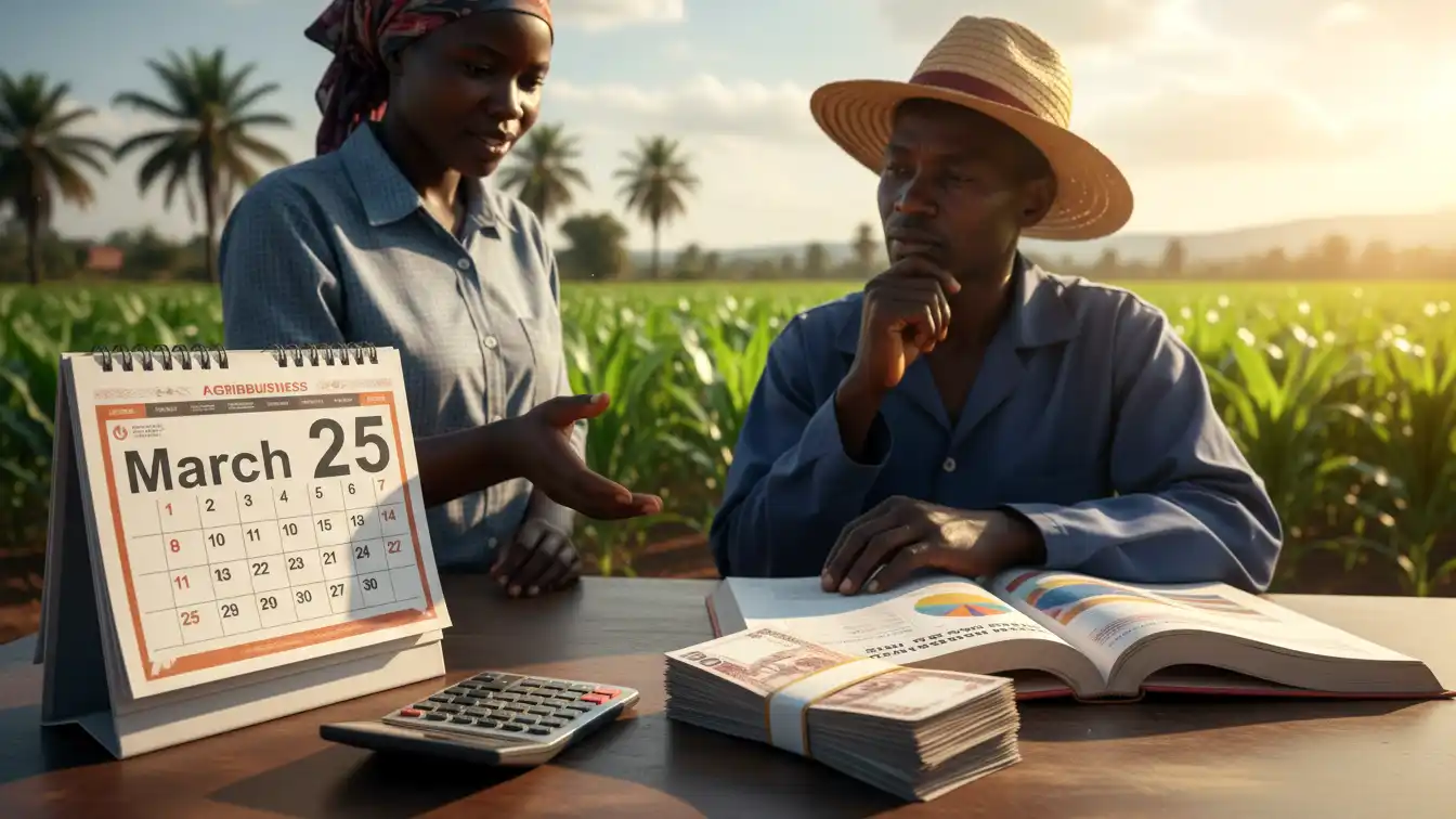 A calendar marked "March 25" sitting on a desk next to a calculator and a pile of Kenyan Shilling notes