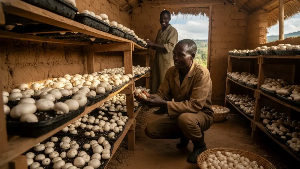 A farmer inspecting healthy white button mushrooms growing on shelves inside a low-cost mud structure in Kiambu
