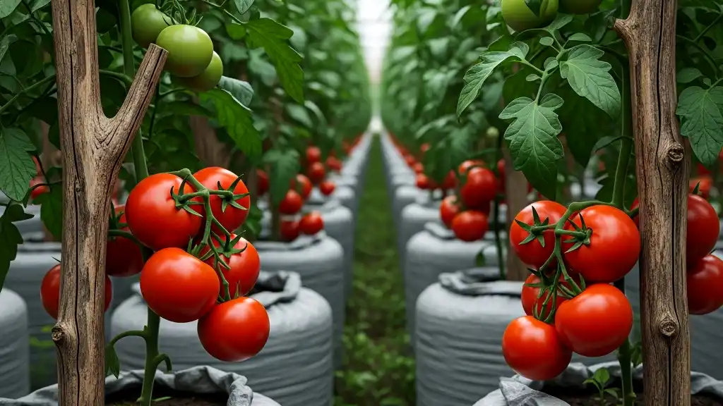 Clusters of ripe red tomatoes growing in sacks and developing green tomatoes hang from the vines, which are supported by rough wooden stakes. 
