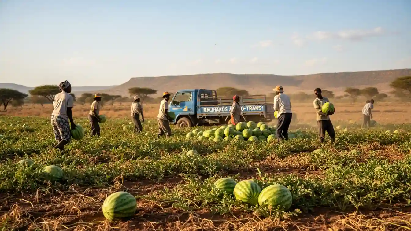 A group of farm workers harvesting large green watermelons and piling them near a truck during the sunny dry season