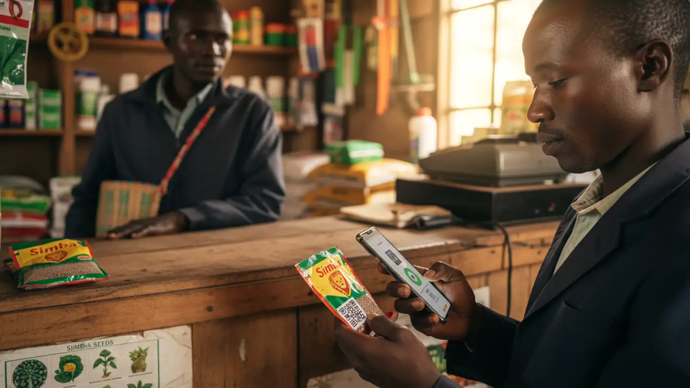 A farmer at an Agrovet counter in Nakuru scanning a seed packet QR code with a smartphone to verify authenticity