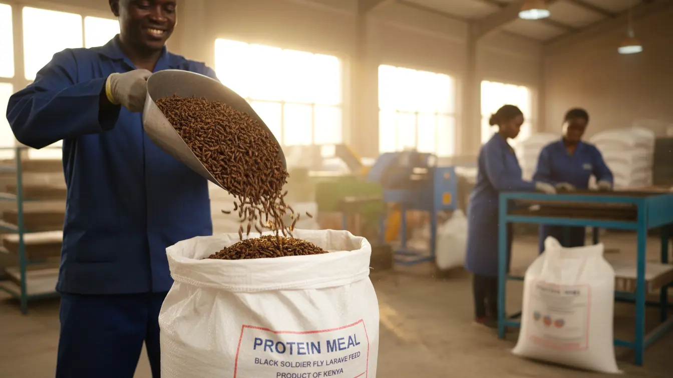 A detailed shot of processed Black Soldier Fly larvae being poured into a packaging bag