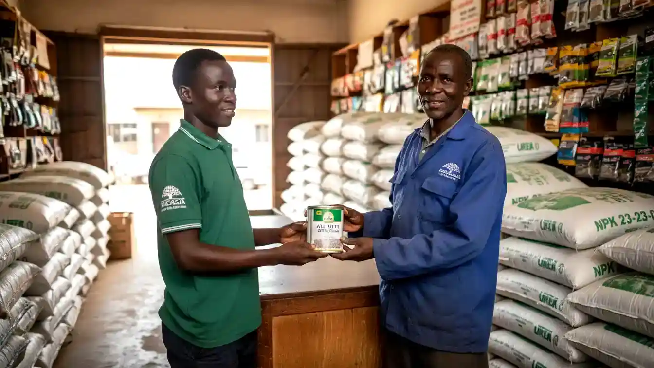 Top 5 Hybrid Onion Varieties (F1) Dominating the Kenyan Market in 2026 4 A farmer inside a well-stocked agrovet shop in Nakuru