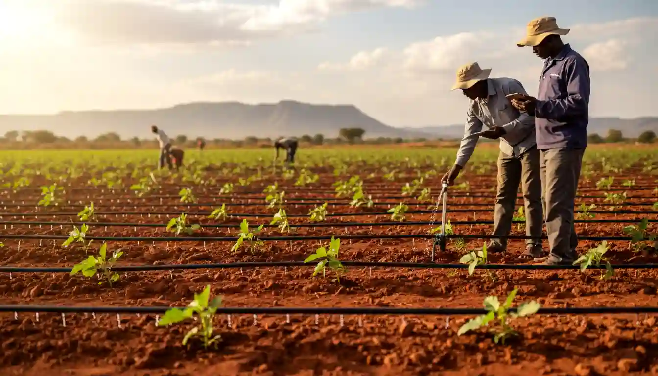 A modern drip irrigation system watering young okra plants in a dryland farm