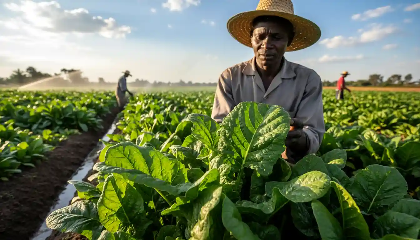 A Kenyan farmer wearing a straw hat closely inspects vibrant rows of healthy green spinach