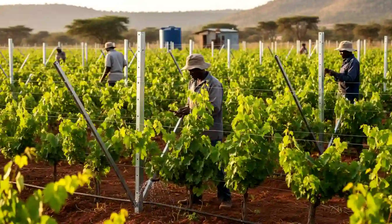 Grape Farming in Kenya 2026: Best Varieties (Red, Green and Black), Health Benefits and Beginner’s Growing Guide 5 A detailed view of a galvanized steel trellis system supporting young grapevines with drip irrigation lines visible