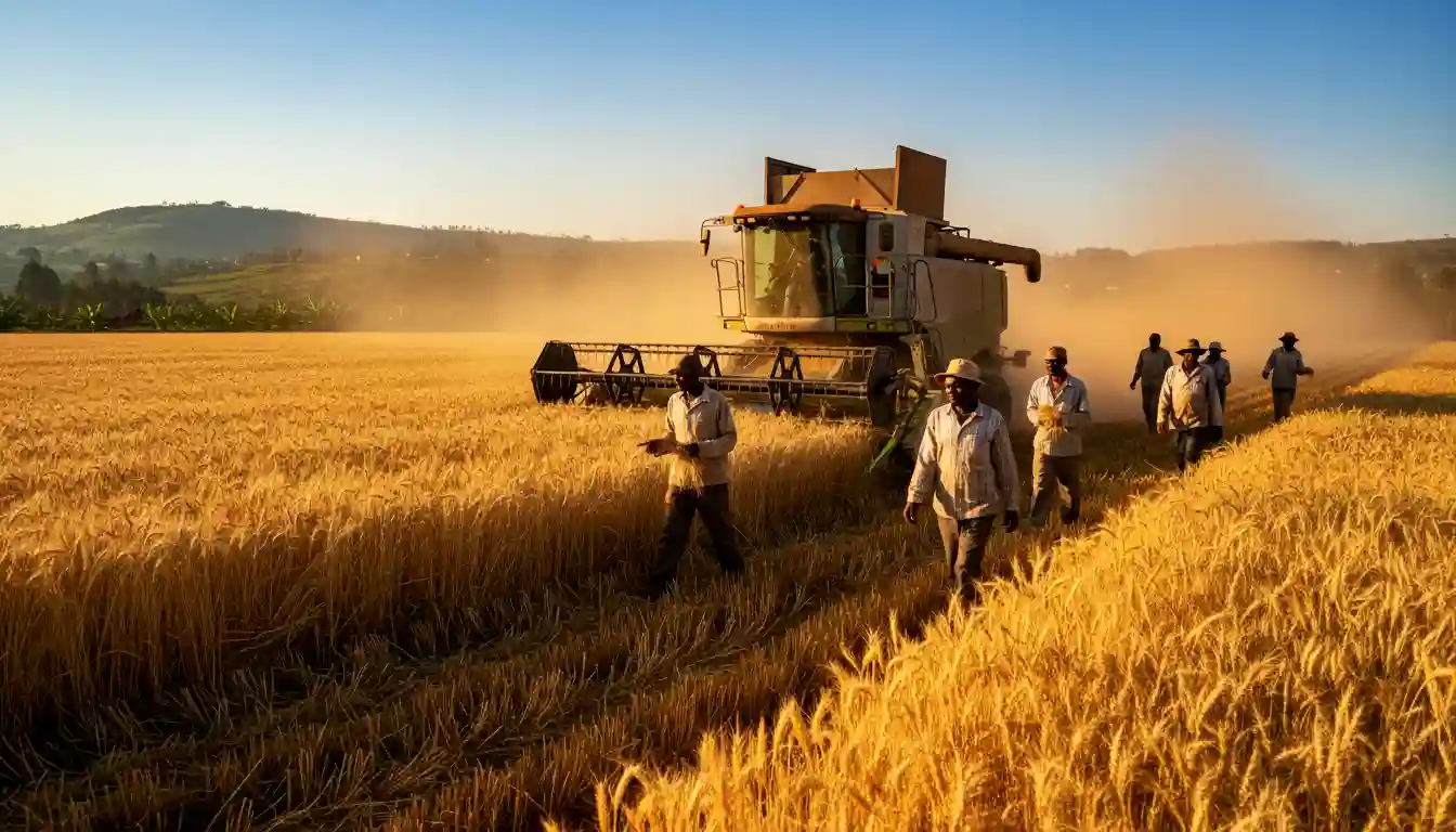 A heavy-duty combine harvester harvesting golden barley