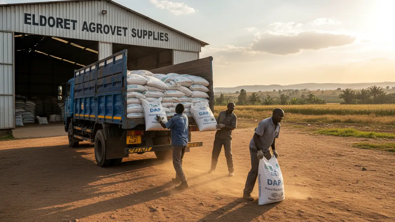 A delivery truck being loaded with 50kg bags of DAP fertilizer outside a large warehouse-style agrovet in Eldoret