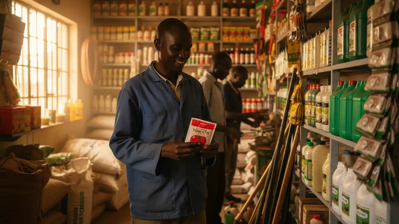 
A Kenyan farmer shopping for gardening supplies at an agro-vet shop