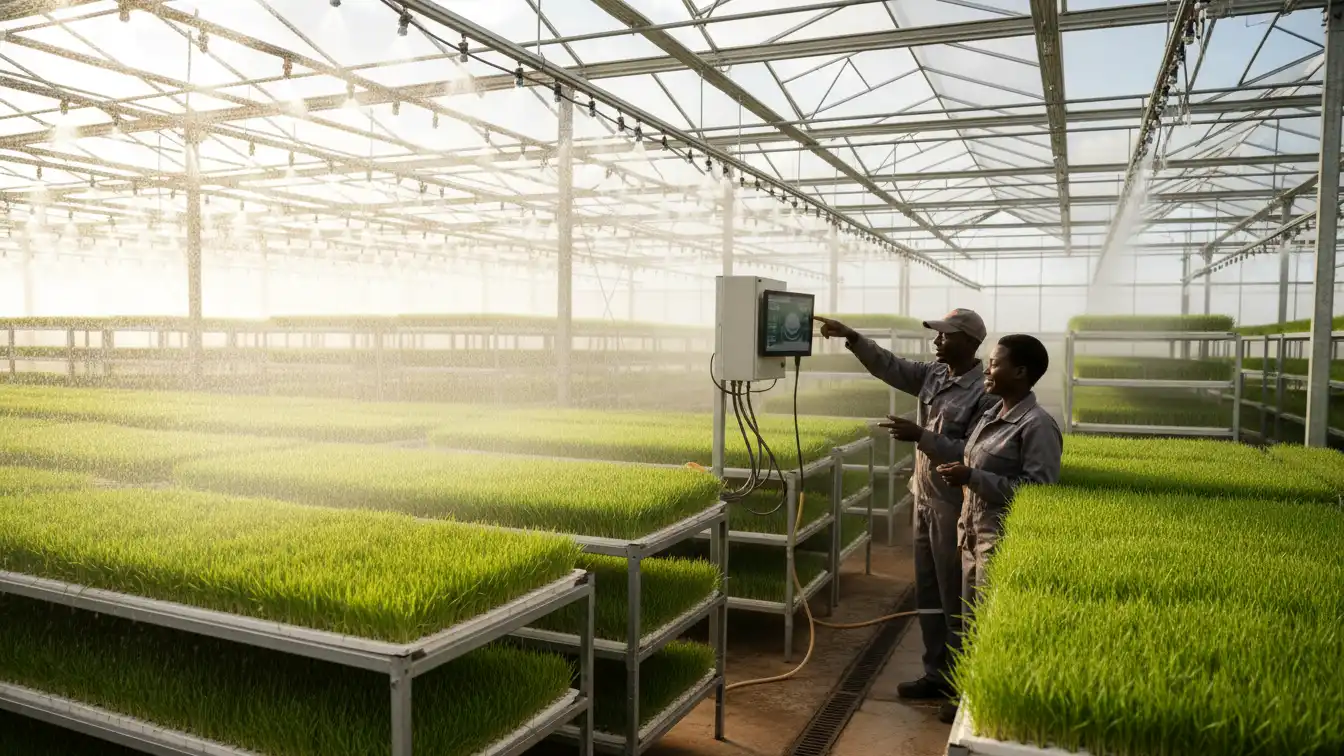 A computerized misting system spraying fine water droplets over stacks of green fodder trays inside a modern greenhouse in Kajiado.