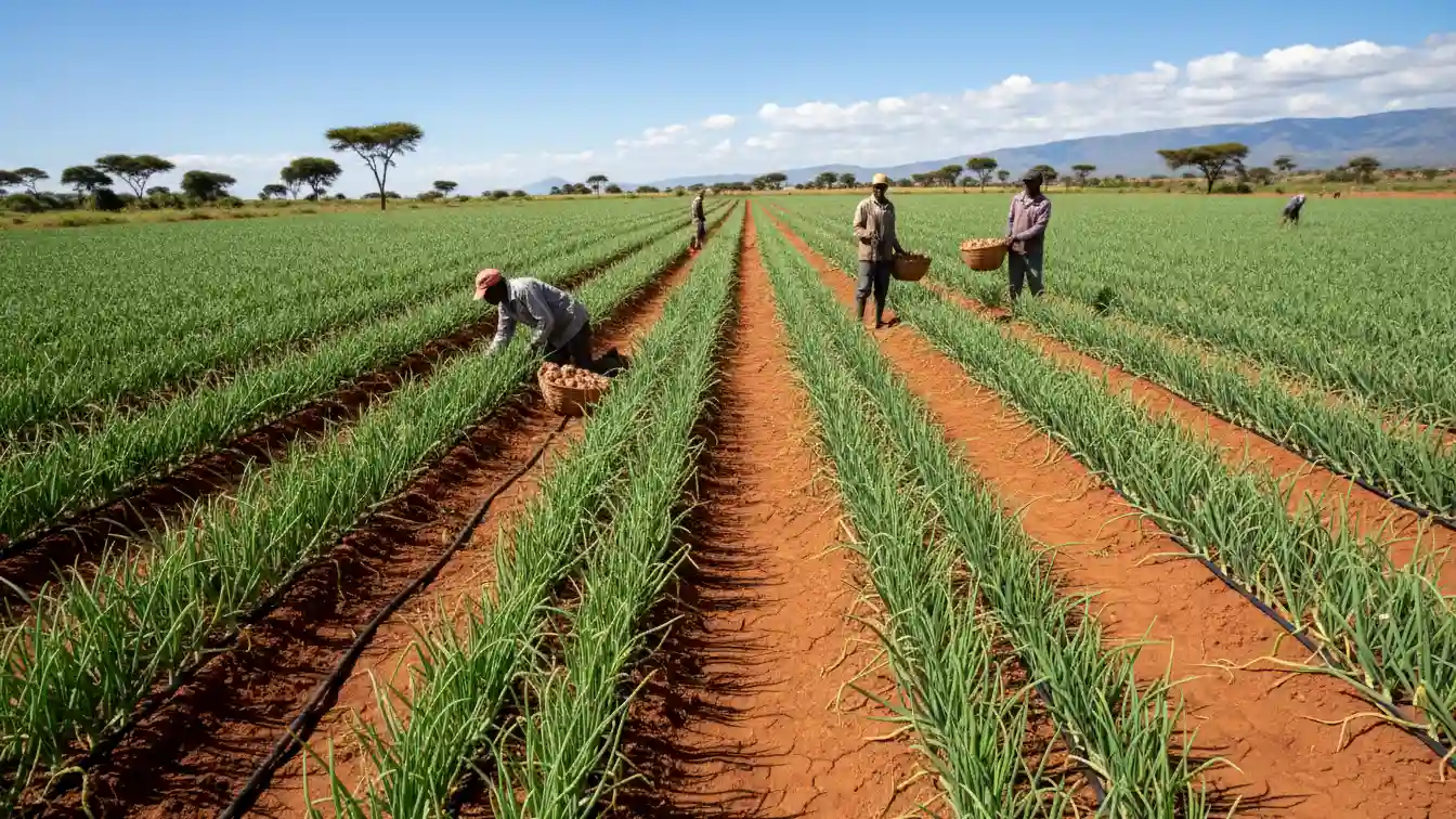 An expansive onion field utilizing drip irrigation lines under the hot sun in Kajiado County