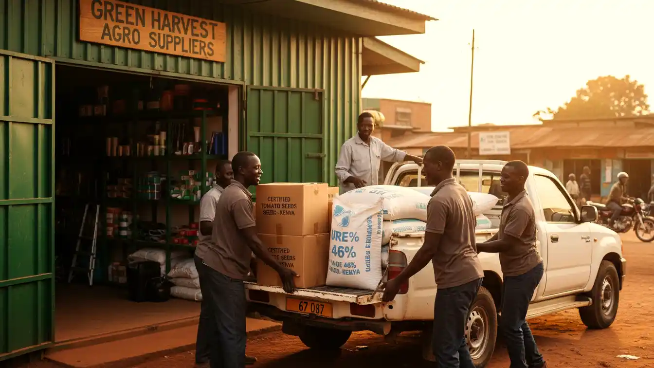 A pickup truck being loaded with boxes of certified tomato seeds and fertilizer bags at an agrovet shop in Nakuru Town.