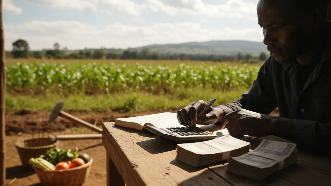 Top 5 Agriculture insurance companies in Kenya 2026: Madison vs. CIC vs. Co-op Bank. 5 A farmer using a calculator to balance a ledger book with Kenyan Shilling notes on a wooden table