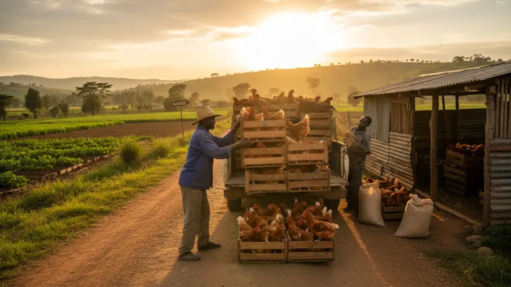 Two Kenyan smallholder farmers load stacked wooden crates filled with brown chickens onto a pickup truck on a dirt road. The scene is illuminated by the warm, intense light of golden hour, set against a backdrop of lush green cultivated fields and distant rolling hills, emphasizing poultry farming logistics.
