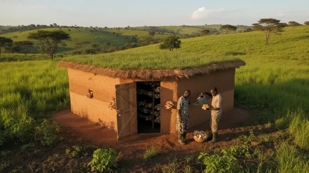 A finalized simple mud-walled mushroom house with a grass thatched roof and a small wooden door