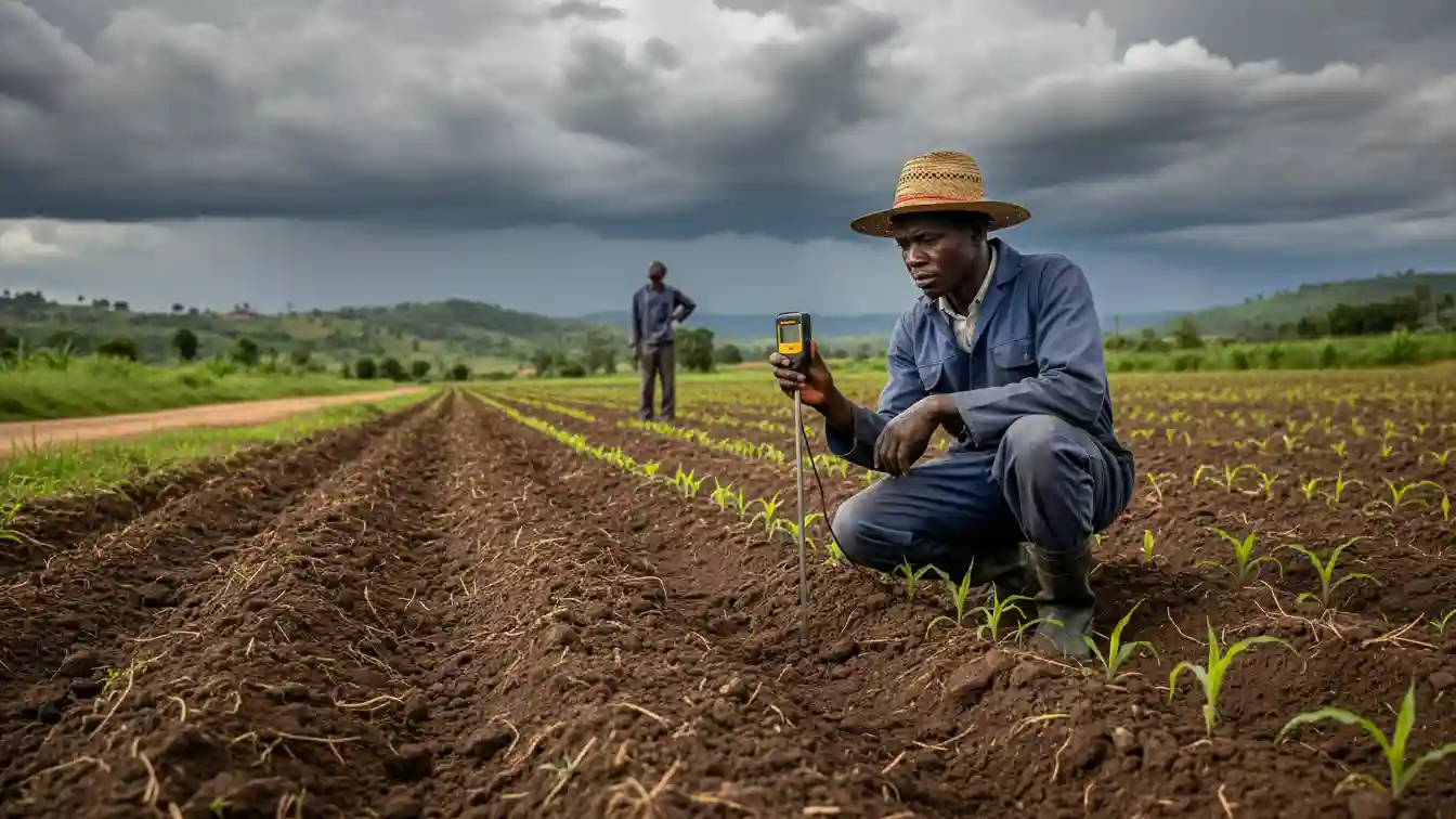 A farmer examining soil moisture levels in a freshly ploughed maize field with dark rain clouds gathering overhead