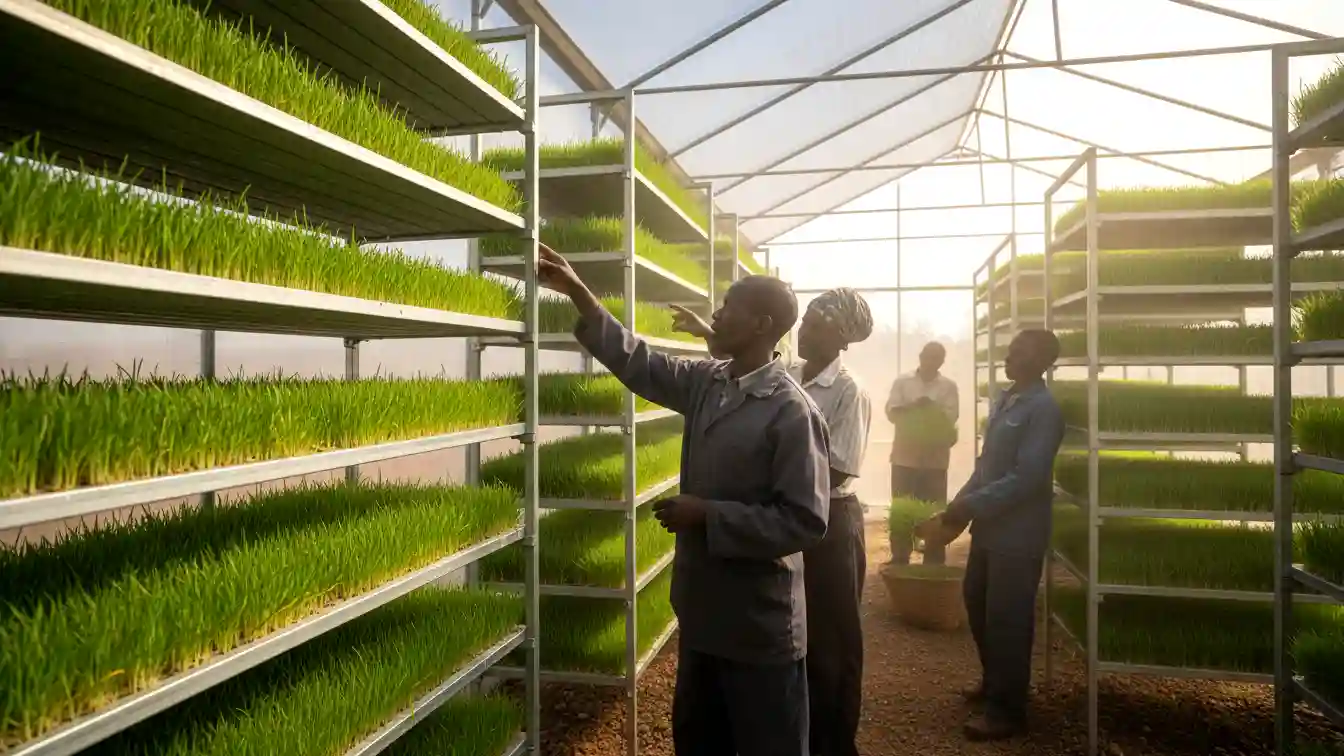 A wide-angle interior shot of a vertical hydroponic fodder system with lush green barley mats on aluminum racks