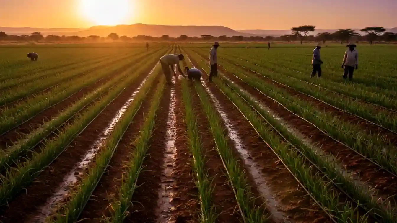 Top 5 Hybrid Onion Varieties (F1) Dominating the Kenyan Market in 2026 5 A wide landscape shot of a drip-irrigated onion field in a semi-arid region of Kajiado