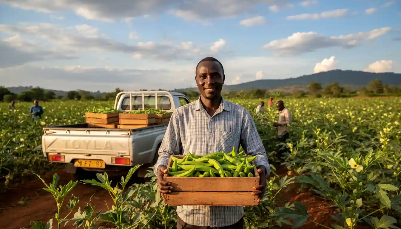 A successful Kenyan farmer holding a crate of fresh okra standing in front of a pickup truck