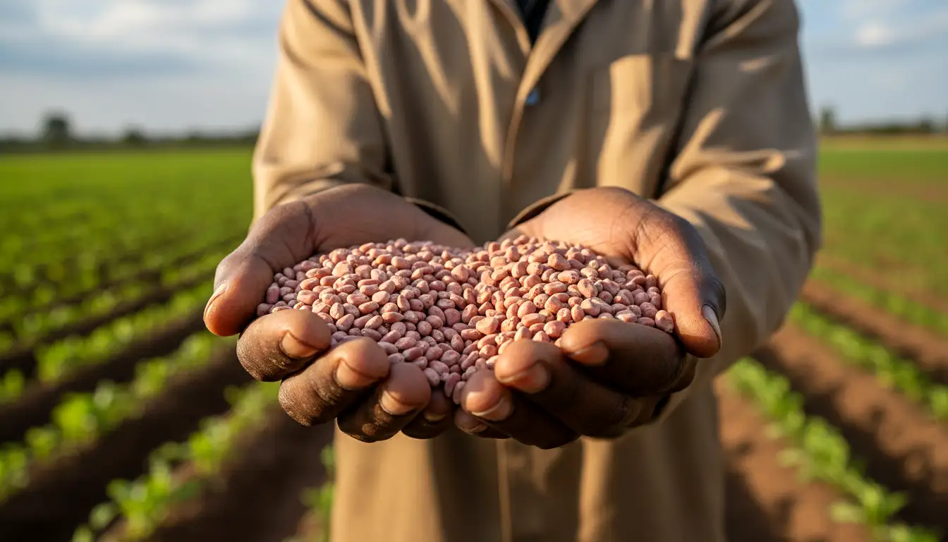 A close-up shot of a Kenyan farmer's hands cupping a large pile of light brown seeds