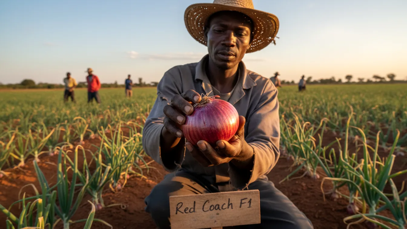 A farmer inspecting the deep red color of a mature Red Coach F1 onion bulb in a field in Kajiado