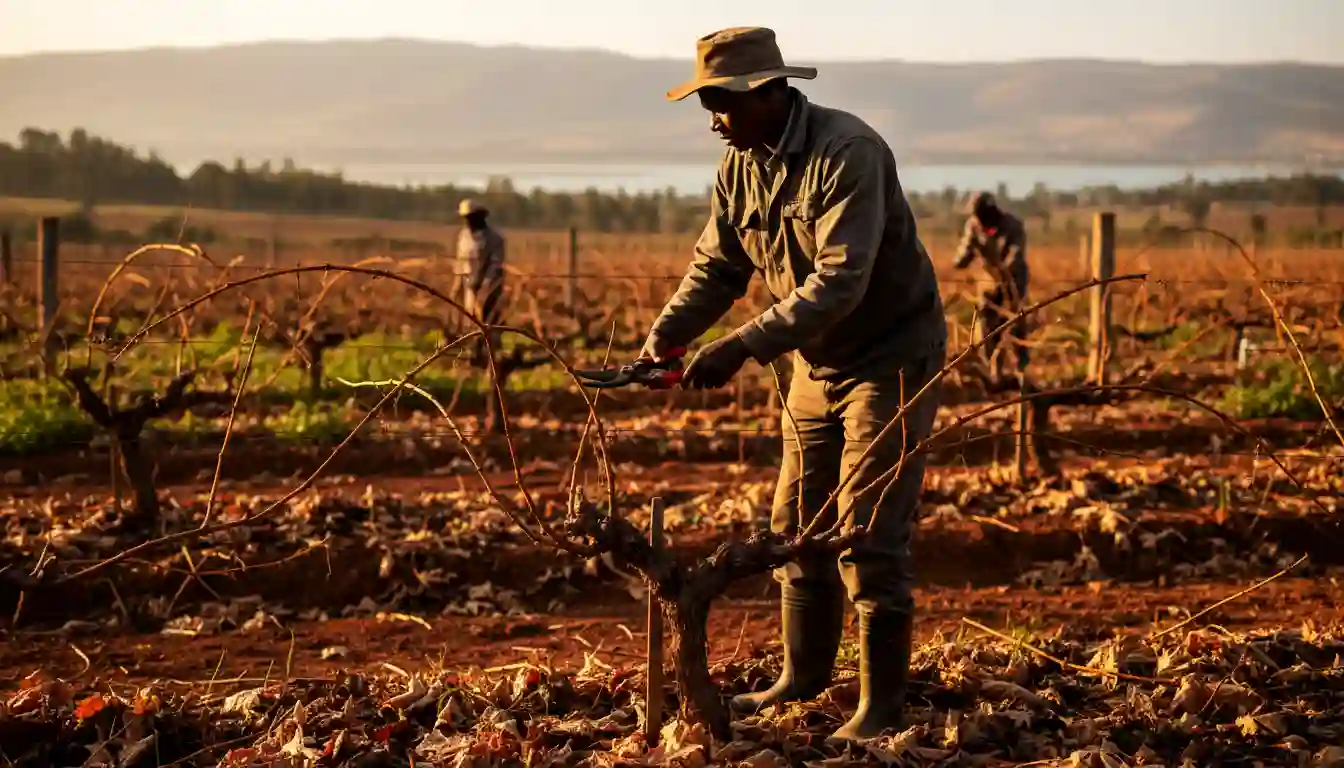 Grape Farming in Kenya 2026: Best Varieties (Red, Green and Black), Health Benefits and Beginner’s Growing Guide 4 A farmer using pruning shears to trim grapevines during the dormancy period