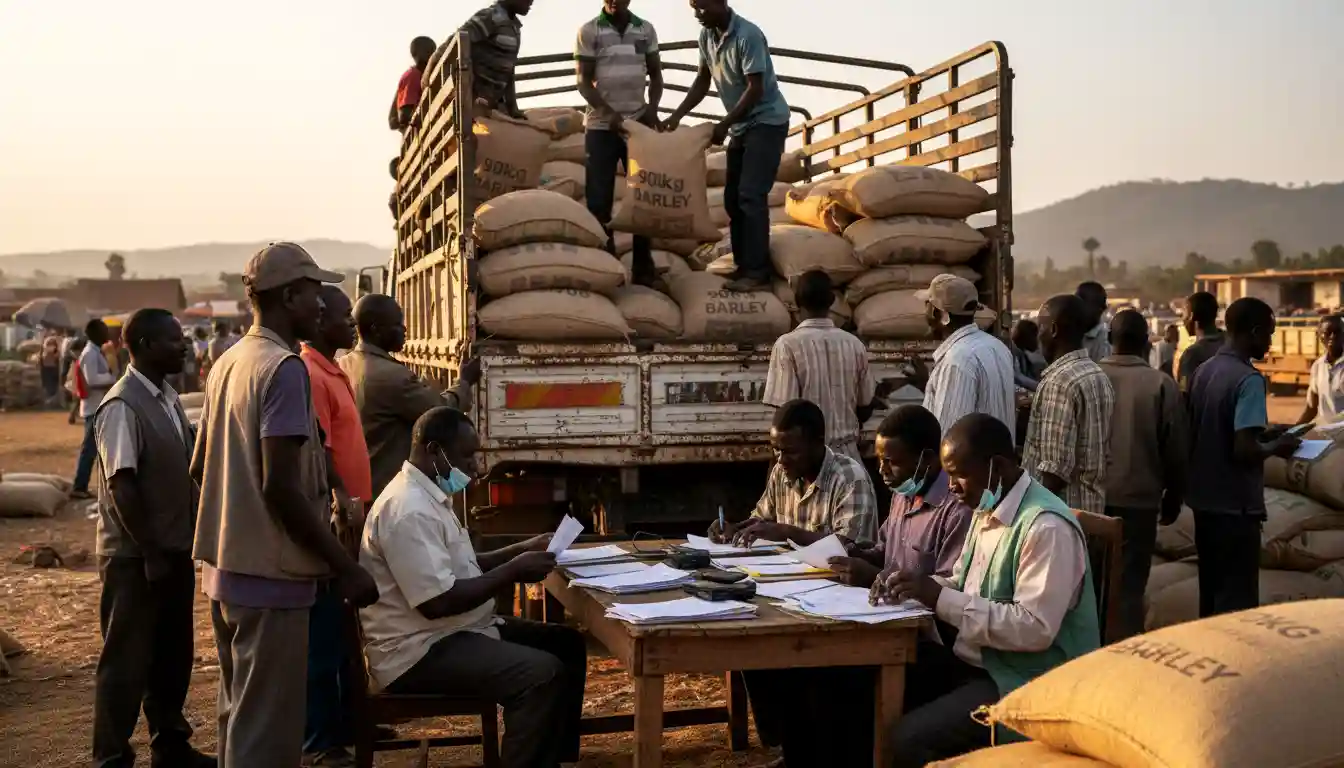 A truck being loaded with 90kg bags of barley at a collection center in Narok town