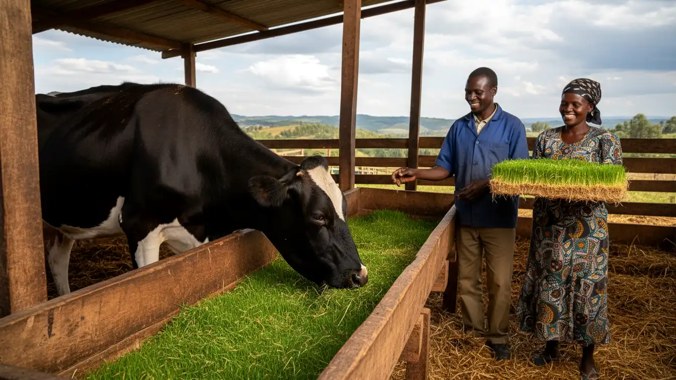 A healthy Friesian dairy cow eating a mat of fresh green hydroponic barley fodder from a feeding trough in a zero-grazing unit in Kiambu.