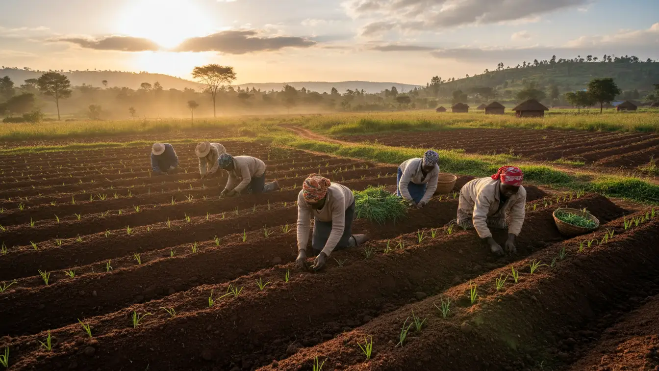 Farm workers transplanting onion seedlings into raised beds during the early morning in Meru