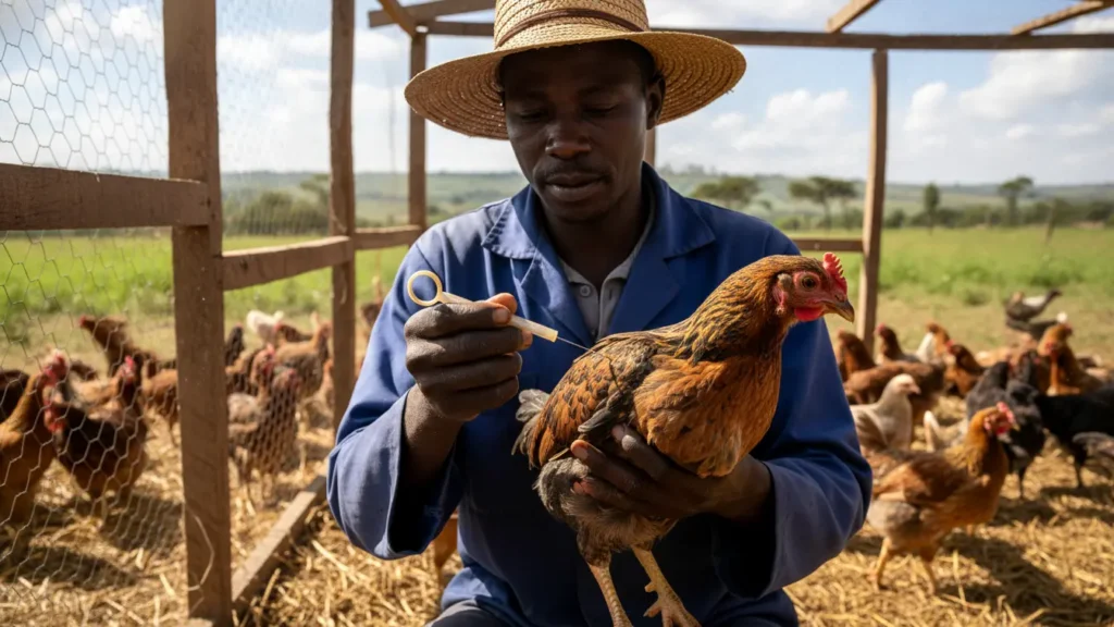 A farmer using a wing-web applicator to administer the Fowl Pox vaccine to a 6-week-old Kienyeji chicken in a coop in Nakuru