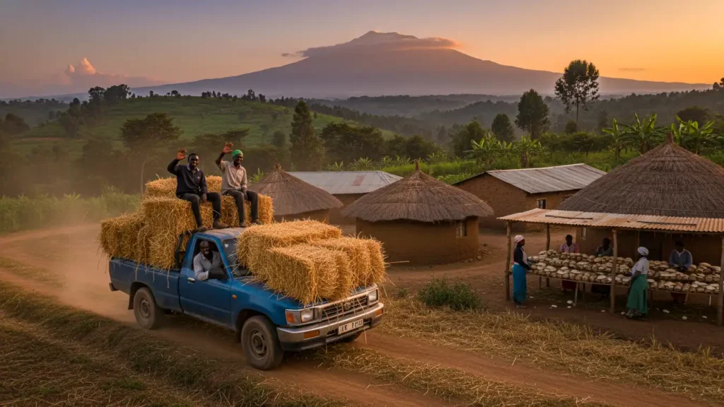 A pickup truck loaded with bales of wheat straw arriving at a small mushroom farm in Meru County