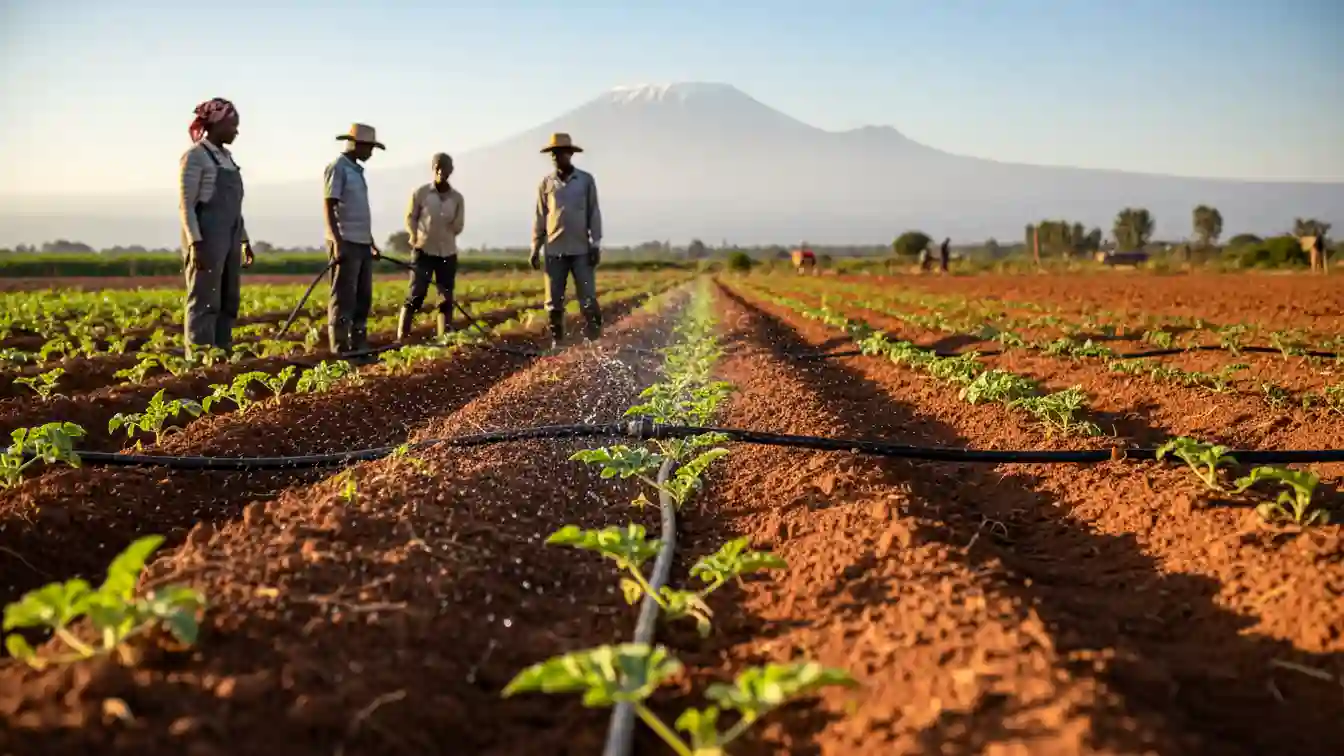 An automated drip irrigation system watering young watermelon plants in a dry