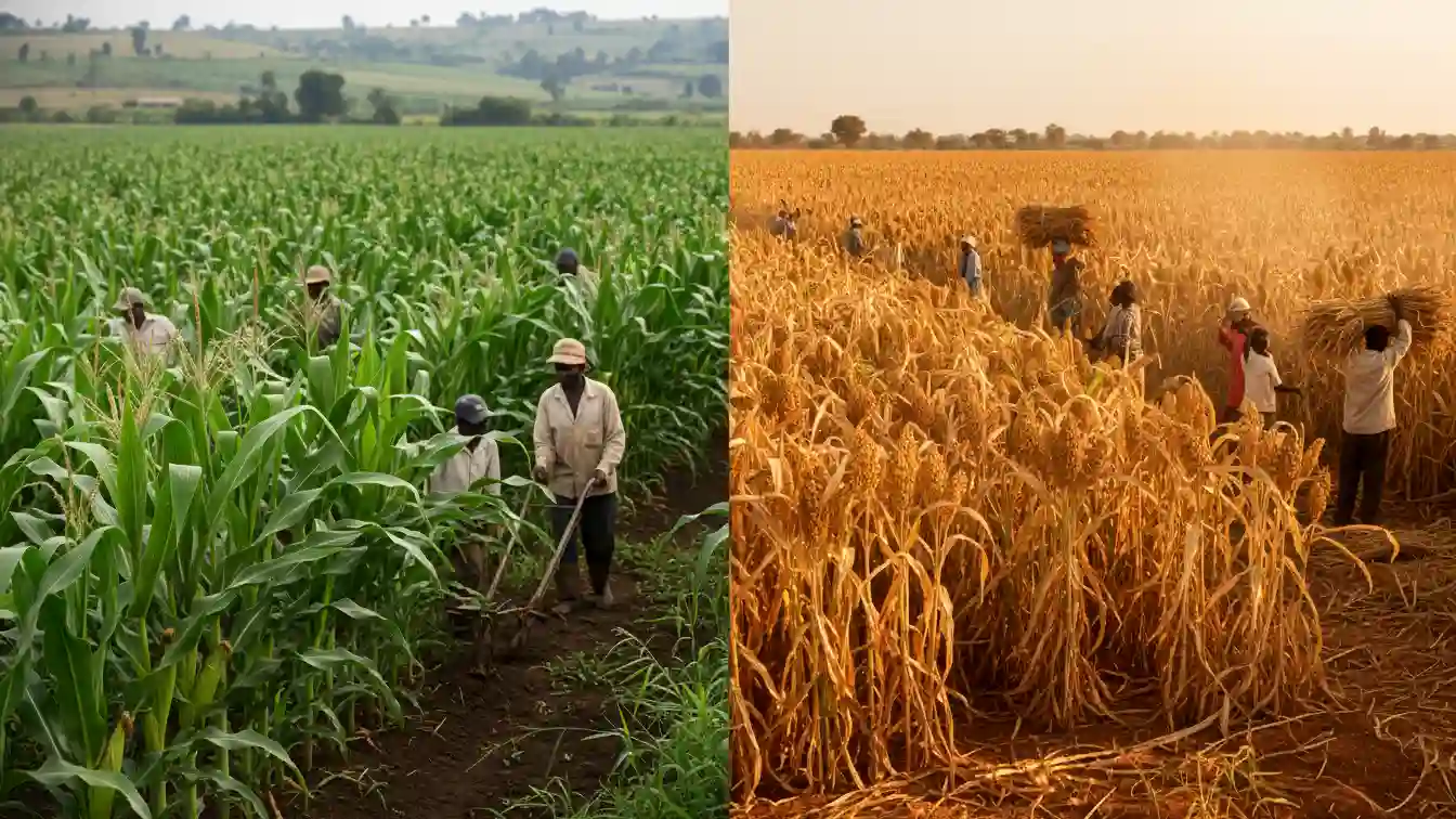 A split composition showing a lush green maize field in Trans Nzoia on the left and a golden sorghum field in Kitui on the right