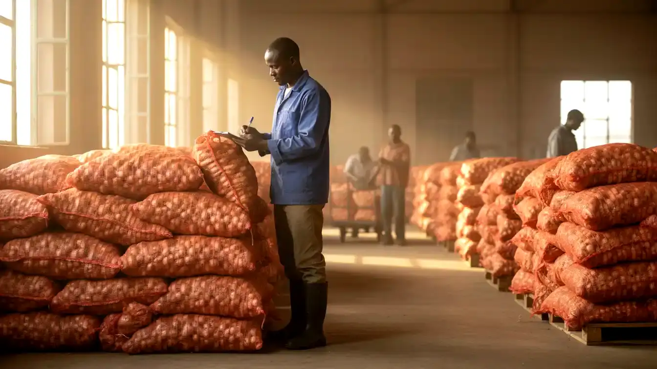 Top 5 Hybrid Onion Varieties (F1) Dominating the Kenyan Market in 2026 6 Stacks of red mesh bags filled with cured onions piled neatly in a warehouse