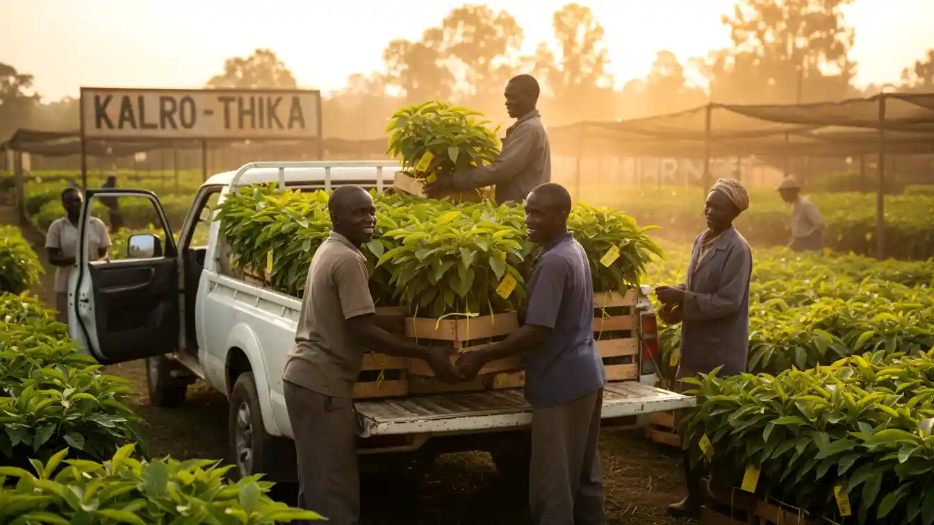 A pickup truck being loaded with crates of certified Hass Avocado seedlings at a bustling KALRO nursery in Thika
