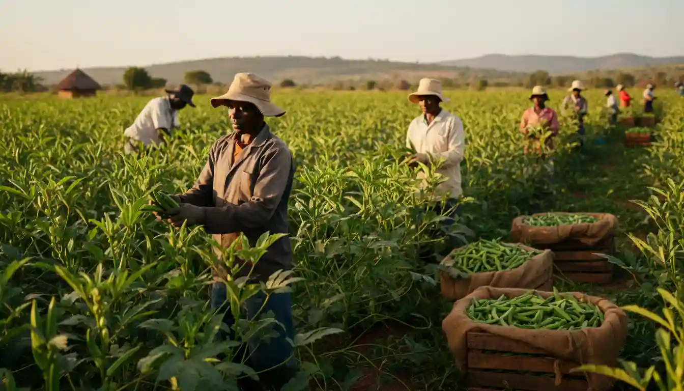 Agricultural workers harvesting fresh green okra pods into crates