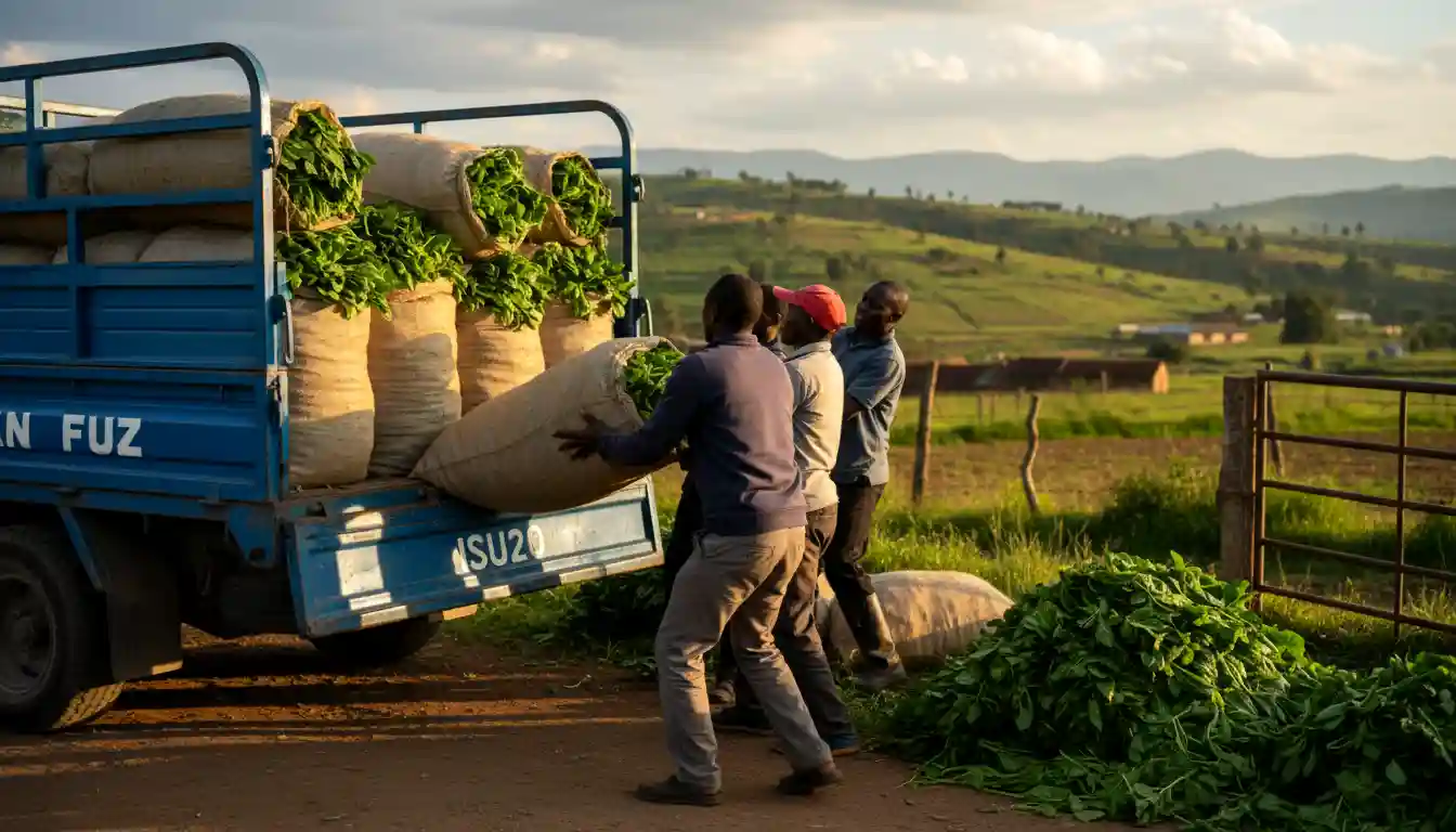 Traders loading large sacks of fresh spinach onto a Isuzu Canter truck at a farm gate
