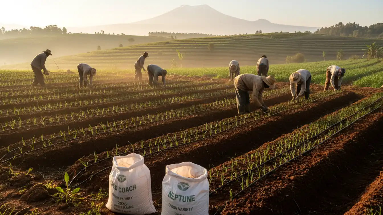 Workers actively transplanting young onion seedlings into raised beds with drip irrigation lines in a farm in Timau