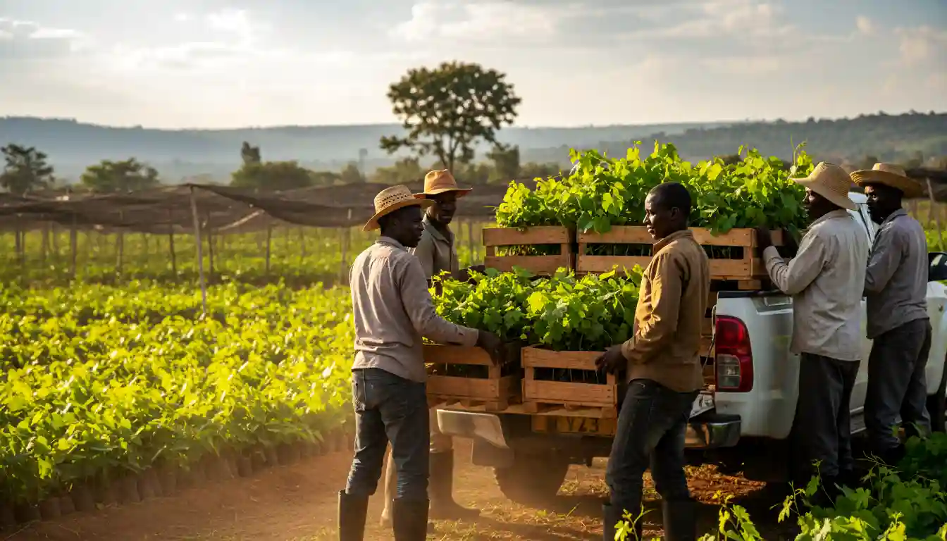 Grape Farming in Kenya 2026: Best Varieties (Red, Green and Black), Health Benefits and Beginner’s Growing Guide 3 A worker loading crates of grafted grape seedlings onto a pickup truck at a nursery